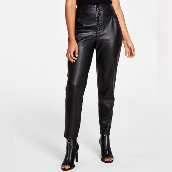 Bar III black leather button front high waisted pants size 8 NWT - Picture 1 of 7